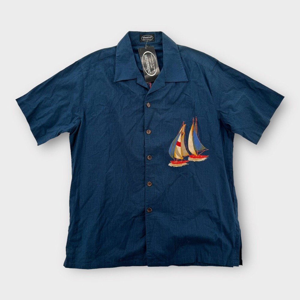 Vintage Hawaiian Shirt Mens Large Sailing‎ Boat Print Canoe Cotton Blue CSI NEW